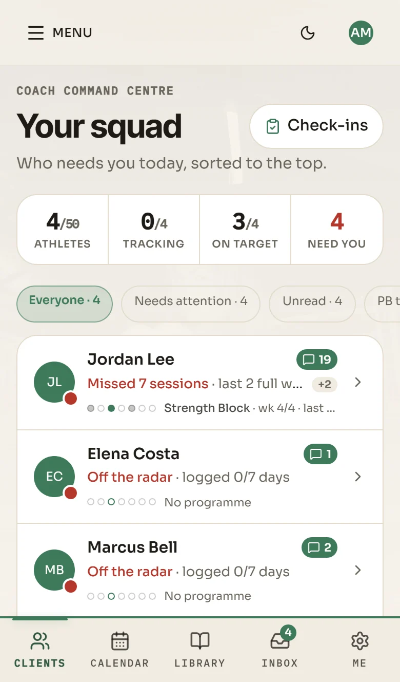 The coach's squad screen on a phone: demo clients sorted with the ones who need attention at the top, each showing missed sessions or days logged, a seven-day strip and an unread message count.