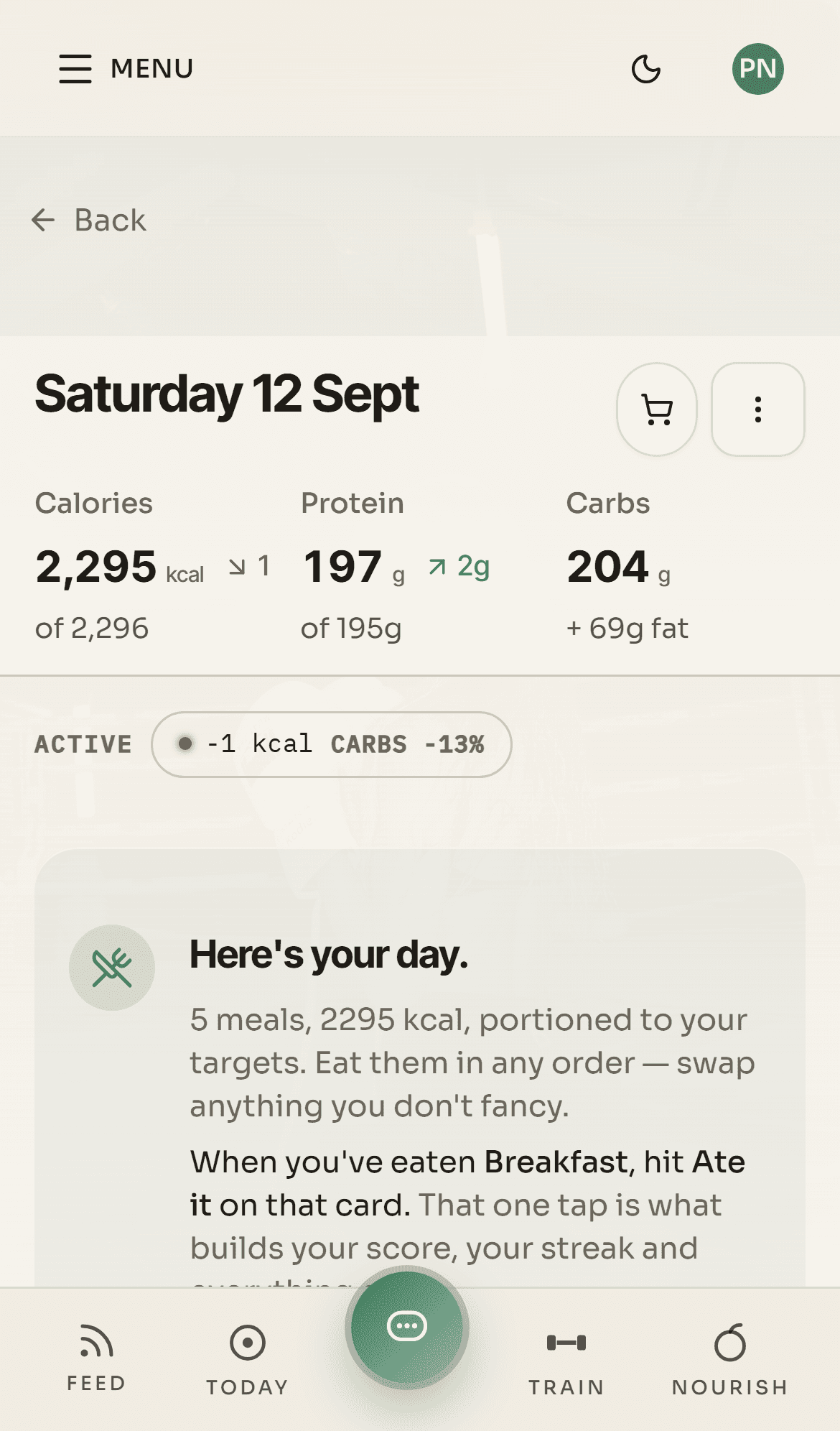 The app's plan for one day: 2,295 of 2,296 calories, 197 of 195 grams of protein and 204 grams of carbs, above a note reading: Here's your day. 5 meals, portioned to your targets.