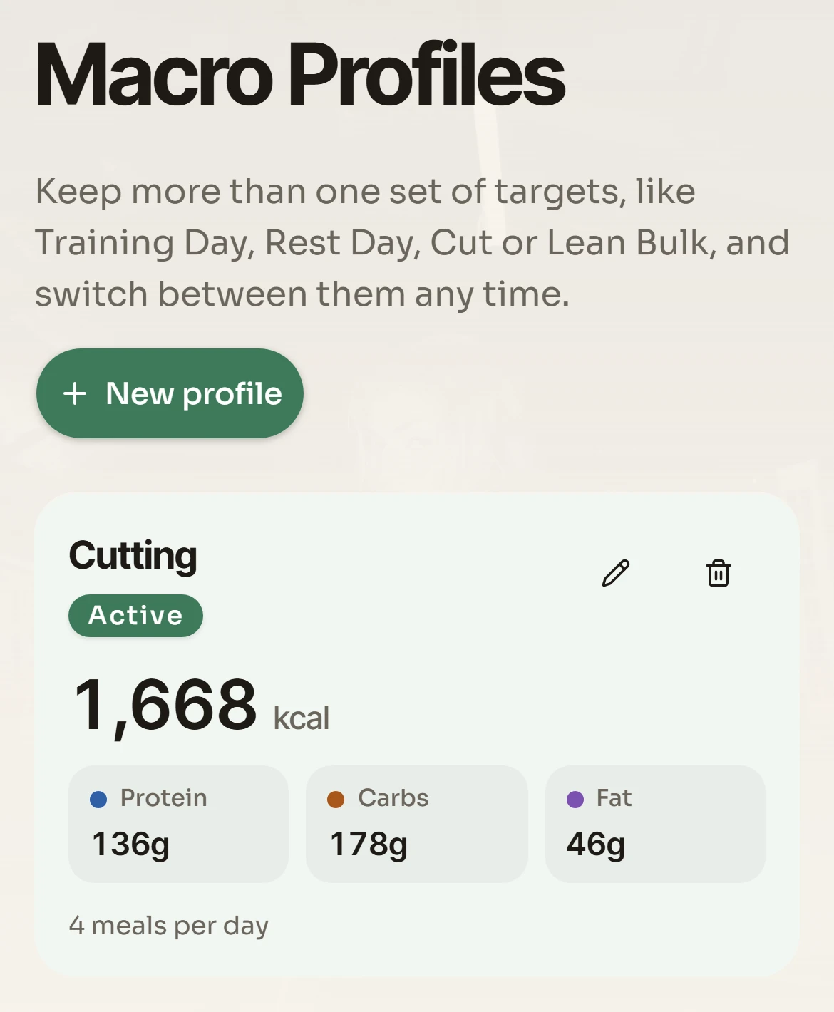 A macro profile set to 1,668 calories, with 136 grams of protein, 178 grams of carbs and 46 grams of fat, over four meals a day