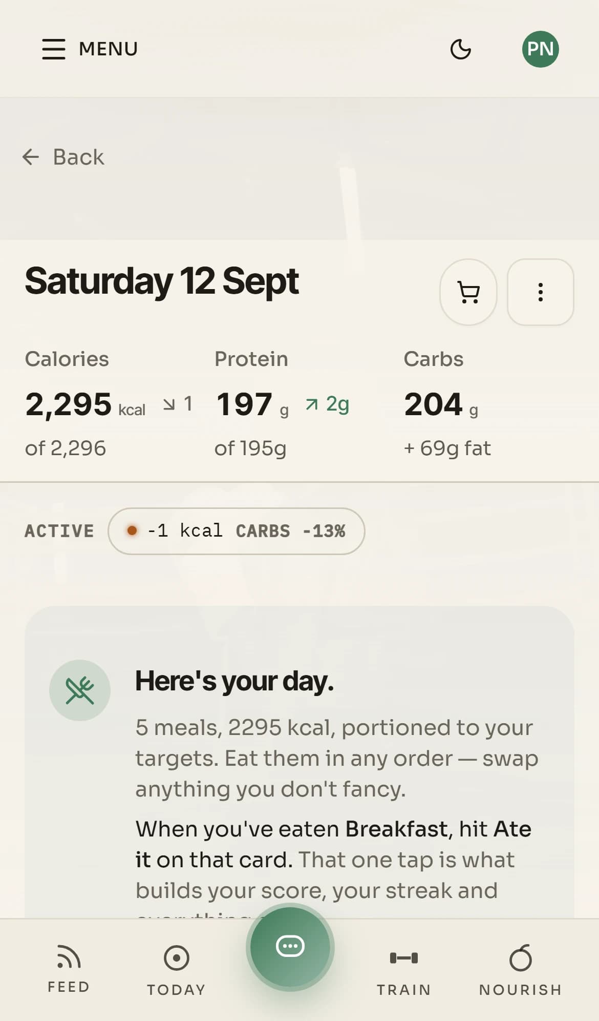 A day's meal plan for Saturday 12 September: 2,295 of a 2,296 calorie target and 197 of 195 grams of protein, across five meals