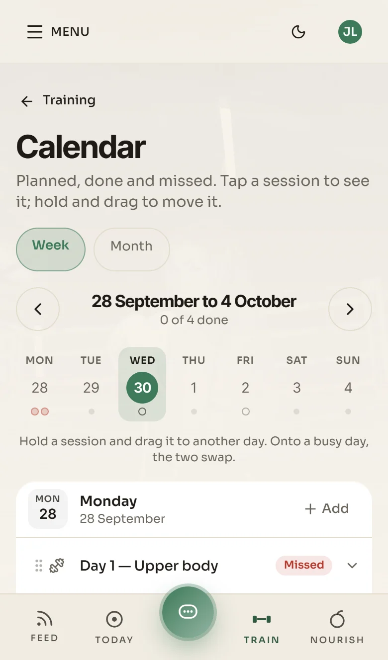 The training calendar for 28 September to 4 October, with 0 of 4 sessions done, the week's days along the top and Monday's upper-body session marked missed.