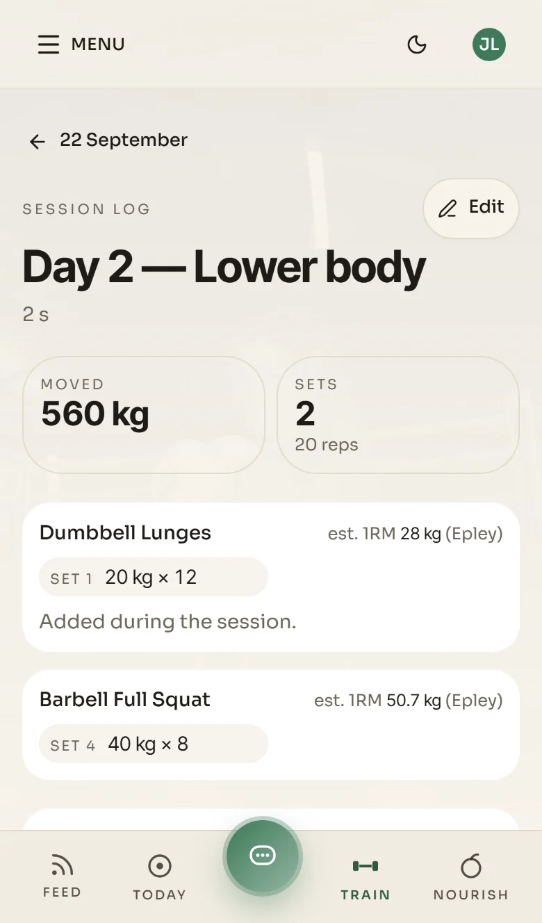 A logged lower-body session showing 560 kg moved, 2 sets and 20 reps: dumbbell lunges at 20 kg for 12, marked as added during the session, and a barbell full squat at 40 kg for 8, each with an estimated one-rep max.